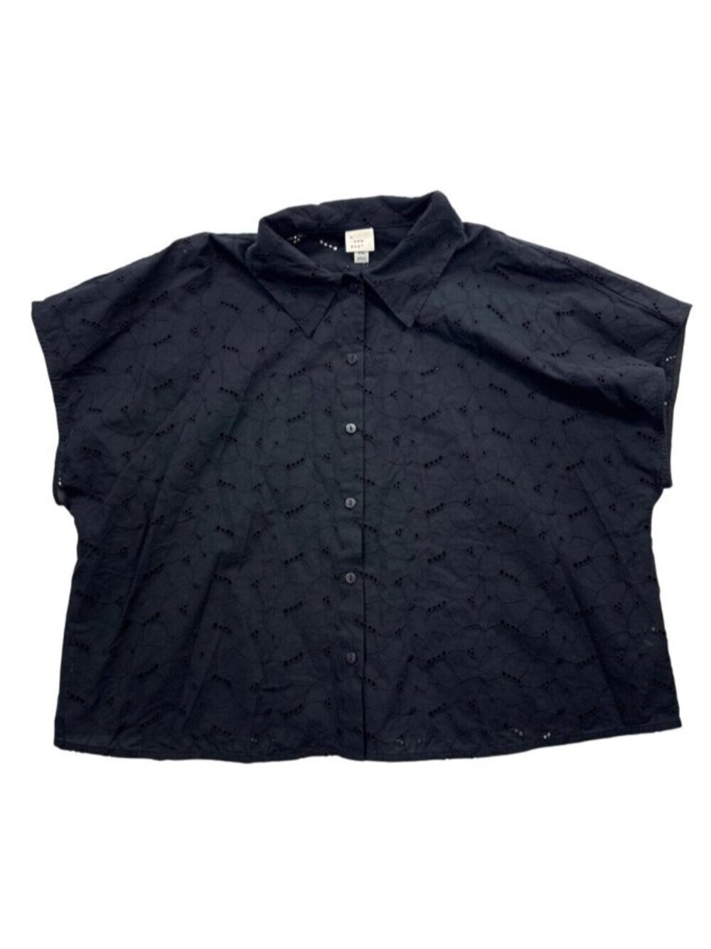Black Eyelet Blouse Short Sleeve Button Up Cotton Feminine